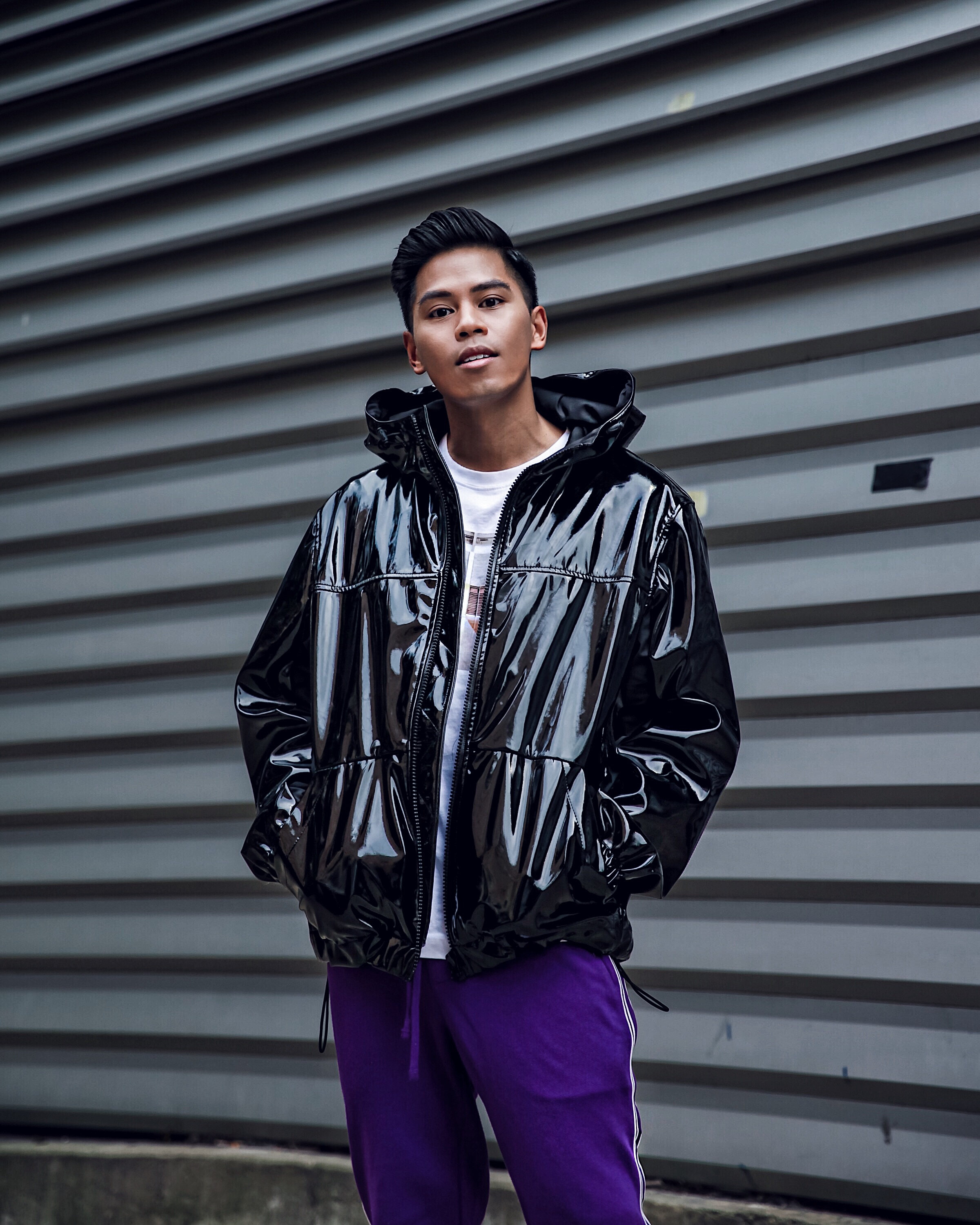 mens patent leather jacket street style blogger